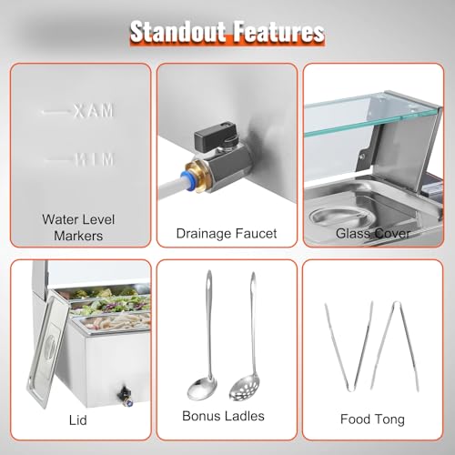 VEVOR kommerzieller Speisenwärmer mit 9 Behältern (je 5 Qt / 1/3 Größe), elektrischer Dampftisch mit Glasabdeckung, 1500 W Arbeitsplatte aus Edelstahl, Buffet-Bain-Marie, 30–85 °C Temperaturregelung – Bild 7