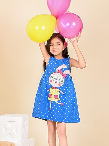 Image of LILPICKS Rabbit Polka Printed Sleeveless Fit n Flare DressFor Girls (Blue)