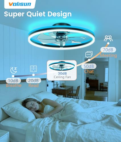 Image of VOLISUN RGB Ceiling Fan with Lights and Remote, 23.6in Low Profile Ceiling Fan Flush Mount, 3000K-6500K Dimmable Fandelier LED Fan Light, Black Bladeless Ceilings Fans for Bedroom