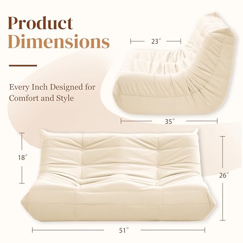 Bean Bag Chair, Loveseat Fireside Chair Bean Bag Sofa for Adults, 2 Seater Bean Bag Chairs for Teens with High-Resilience Foam, Memory Foam Bean Bag for Living Room, Bedroom, Office (Suede, Beige)