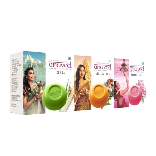 Image of Anuved Fragrance Combo | Pack of 3 | 125g Each | Cooling Soaps for Bath | Kewda, Ashtagandha, Pahadi Gulab Herbal Soaps | Refreshing & Revitalizing | Shop Bath Soap for Men and Women