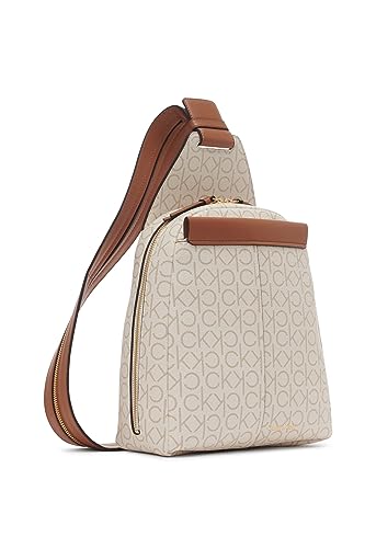 Image of Calvin Klein Women's Millie Backpack for Women - Vegan Leather Monogram Backpack, 2 Pockets, Vanilla /Khaki /Caramel, One Size