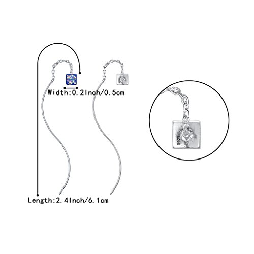 BriLove 925 Sterling Silver Threader Earrings Bohemian Boho Curved Pin Glitter Crystal Women Earrings Sapphire Color AB Cube Shape