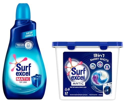 Image of Surf Excel Matic 3 in 1 Smart Shots 17 pcs, Fragrance + Care. 17 * 26g & Surf Excel Matic Top Load Liquid Detergent 1 L