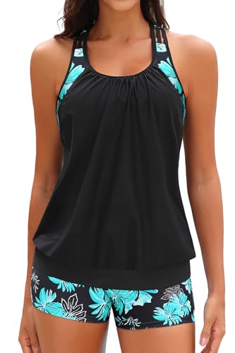 Yonique Two Piece Tankini Bathing Suits T-Back Blouson Swim Tops with Boy Shorts Women Swimsuits Sporty Swimwear