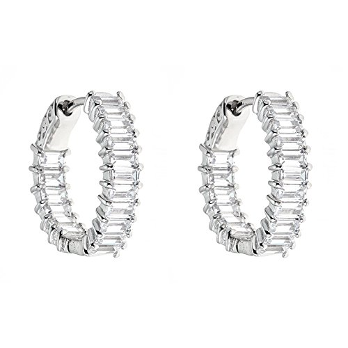Platinum Plated 925 Sterling Silver Baguette Cubic Zirconia Full Ring Pave Cz Hoop Earrings #TOP30
