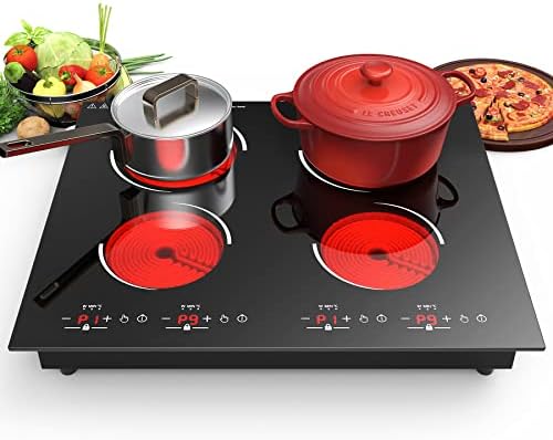 VBGK 30 Inch Electric Cooktop 4 Burners Ceramic Cooktop, Drop-in Electric Radiant Cooktop with Front and Back Metal Frame, Child Lock, Timer,Touch Control, 220-240V 6000W,Hard Wire, No Plug