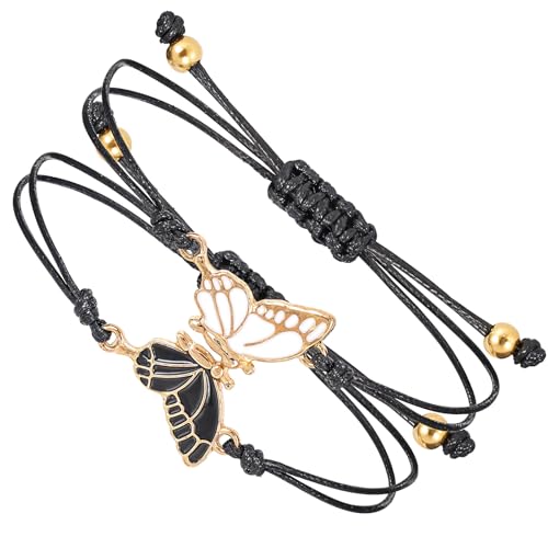 BFF Bracelets for 2-Butterfly Matching Bracelets, Adjustable Strand Best Friends Bracelet, Handmade Charm Friendship Bracelets, Cute Bracelets Jewelry Gifts for Women Couples (Black)