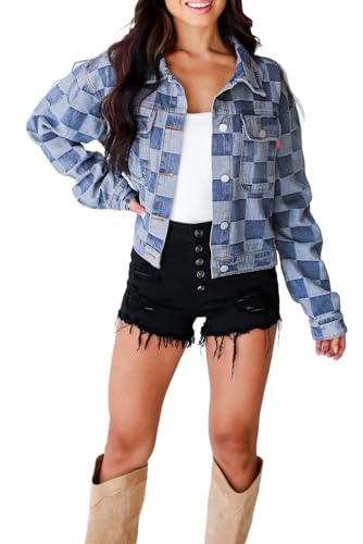 Women's Black Checkered Patchwork Button Up Denim Jacket