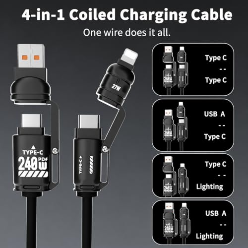 Image of 4 in 1 Multi Charging Cable, Nylon Braided 240W with USB Type C, Lighting Pin, Compatible with Oppo, Vivo, Xiaomi, Samsung, iPhone, iPad Pro & Car Charging, 1 M, by Marchpower.