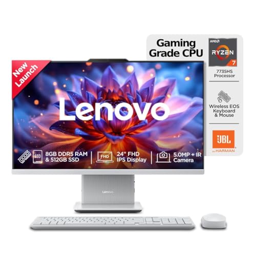Lenovo Ideacentre AIO AMD Ryzen 7 7735HS 23.8" FHD IPS All-In-One Desktop(16GB RAM/512GB SSD/Win11/Microsoft 365 Basic + Office Home 2024/3Wx2 Speakers/5MP Camera/Wireless Keyboard & Mouse),F0HR008YIN