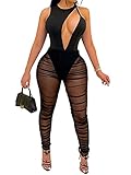Uni Clau Women Sexy See Through Two Piece Jumpsuits Halter Camisole V Neck Bodysuit Sheer Mesh Long