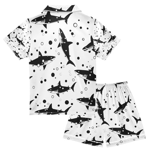 senya Shark on Black Satin Summer Pajama Sets Silk Short Sleeve Button Down Sleepwear2
