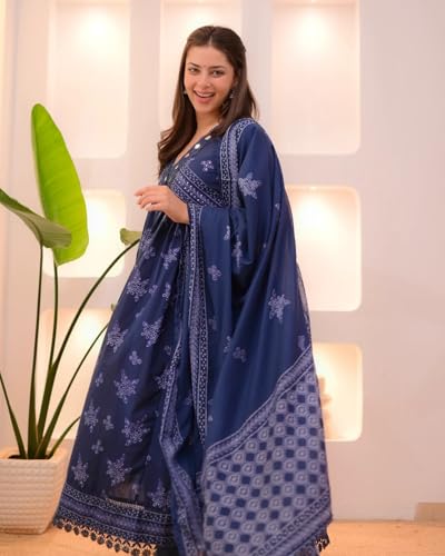 Image of Nermosa Women Printed Anarkali Kurta and Pant Set with Dupatta