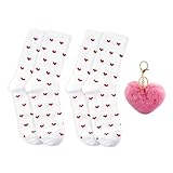 ARYIMYDP 2 Pares de Calcetines de Corazón para Mujer con Llavero, Calcetines Blancos con Corazones Rojos, Regalo de San Valentín para Novia, Lindos y Cómodos