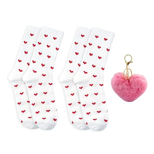 ARYIMYDP 2 Pares de Calcetines de Corazón para Mujer con Llavero, Calcetines Blancos con Corazones Rojos, Regalo de San Valentín para Novia, Lindos y Cómodos