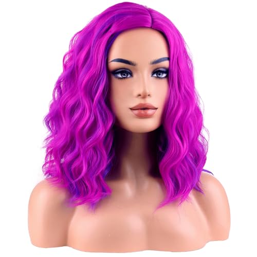 Image of BERON Hot Pink Mixed Purple Short Wave Wig for Women Girls Pink Shoulder Length Wavy Heat Resistant Synthetic Wig for Cosplay Costume Party or Daily