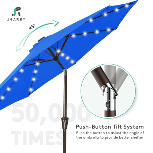 Image of JEAREY 9FT Outdoor Patio Umbrella with Solar Lights, LED Lighted Pool Umbrella with Tilt and Crank, Outdoor Table Umbrellas for Deck, Yard & Market (Royal Blue)