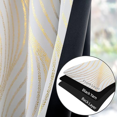 Xwincel 100% Blackout Curtains for Bedroom, White Gold Wave Line Dot Patterned Curtains 63 Inch Length, Metallic Gold Drapes Living Room Darkening Thermal Insulated Grommet Window Curtains 2 Panels - Image 5