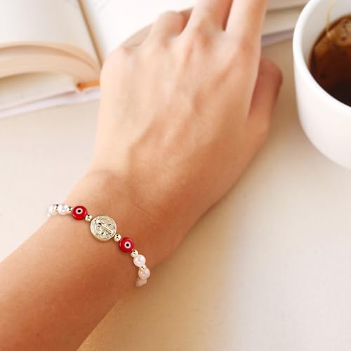 HZMAN Evil Eye Bracelet for Women 14K Gold Plated Saint Benedict Medal Retro Blue Eye Bead Luck Protection Stretch Bracelet Jewelry Gift2