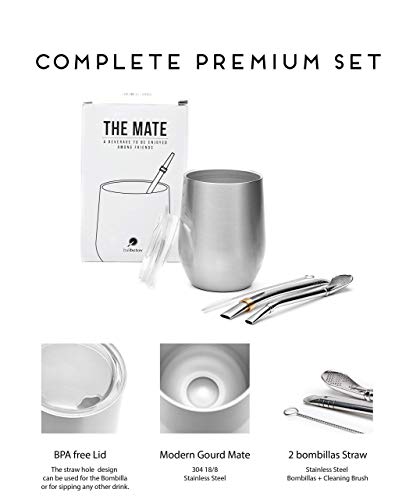Balibetov [NEW] Modern Yerba Mate Gourd Set (Mate Cup) - Double Walled 18/8 Stainless Steel - Includes Two Bombillas and a Cleaning Brush (Silver, 12) - Thumbnail 4