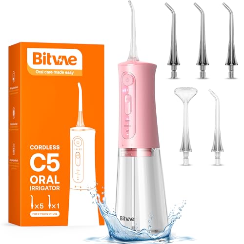 Bitvae Water Dental Flosser for Teeth Cordless, Water Teeth Cleaner Picks for Cleaning with 3 Modes & 5 Intensities, Oral Irrigator with 6 Jet Tips, IPX7 Waterproof, USB Rechargeable, Pink