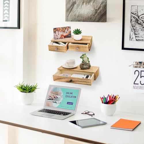 Image of W00YNEX Floating Shelves with Drawers: Wood Wall Shelves /Cabinets for Storage and Exhibition; Doubles as a Bedside or Nightstand Set of 2 in Vintage- (Natural A)