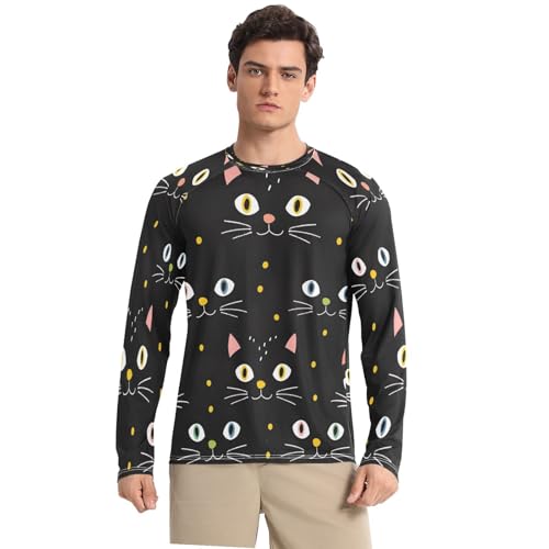 Bulletgxll Cartoon Cat Men's Sun Protection Shirts UPF 50+ Long Sleeve UV Rash Guard Quick Dry Swim Shirts