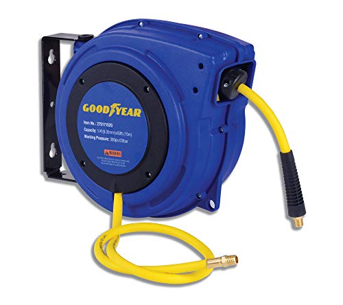 Goodyear Air Hose Reel Retractable 1 4  Inch x 50  Foot Premium Commercial Flex Hybrid Polymer Hose Max Heavy Duty Spring Driven Polypropylene Construction Lead-in Hose and PVC Handle
