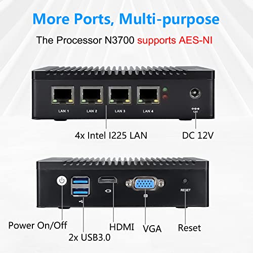 Vnopn Micro Firewall Appliance 4 Intel I225 Nic Ports Fanless Mini Pc, Network Gateway Soft Router Mini Computer Intel N3700 Quad Core, Support Aes-Ni, Barebone, No Ram/Storage, No Wifi, No System #TOP2