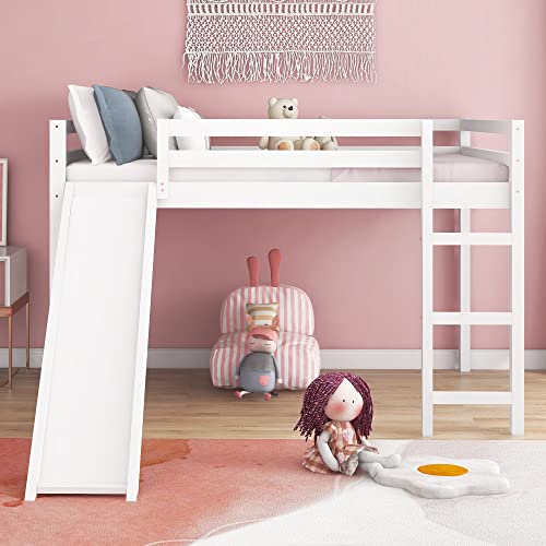 Full Size Loft Bed with Slide, Low Loft Bed with Ladder & Safety Rail, Wooden Full Loft Bed Frame for Kids Teens Girls & Boys, No Box Spring Needed, Easy Assemble (Full, White)