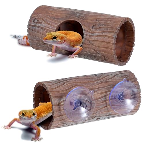 Plastic Hollow Hideout with 2Pcs Powerful Suction Cup, Reptile Hide, Reptile Tank Accessories for Bearded Dragons, Crested Geckos, Frogs, Hermit Crabs, Lizards & Snakes, Terrarium Decor