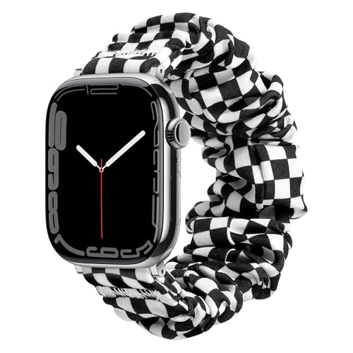 BMBMPT Scrunchie Elastic Watch Band Compatible with Apple Watch Band 38mm 40mm 41mm 42mm 44mm 45mm Cloth Soft Pattern Printed Fabric Wristband for iWatch Series 8 7 6 5 4 3 2 1 SE (Black White 38mm/40mm/41mm Small size)