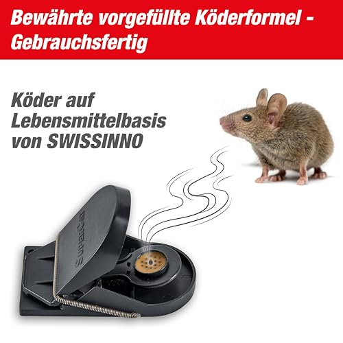 SWISSINNO Mausefalle SuperCat – 2 Wiederverwendbare Schlagfallen mit vorbefülltem Köder – Effektive Mäusefalle für Haus & Garten – Präziser Fangmechanismus für drinnen & draußen