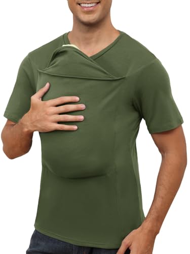 ThusFar Mens Baby Carrier Shirt Dad Shirt for Men Short Sleeve Baby Wearing T-Shirt V Neck Pocket Tee Shirts Green L