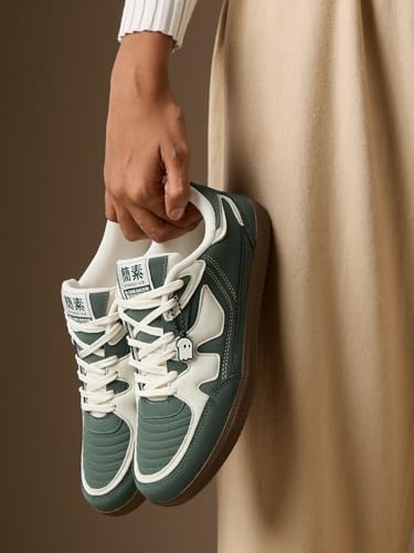 Image of The Souled Store Kanso V2: Emerald Women and Girls Low Top Sneakers | Green & Off-White Retro Trainer with Premium Suede, Durable Gum Outsole & Padded Ankle Support