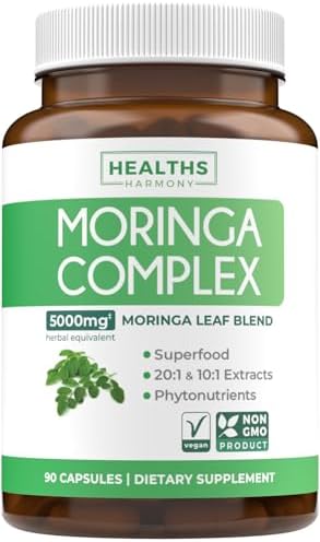 Moringa Capsules (3 Month Supply) High Strength 5,000mg Equivalent – Advanced Blend of Whole Herb Powder With 20:1 Seed and 10:1 Leaf Extract – Non-GMO Vegetarian Supplement – 90 Caps (No Oil or Tea)