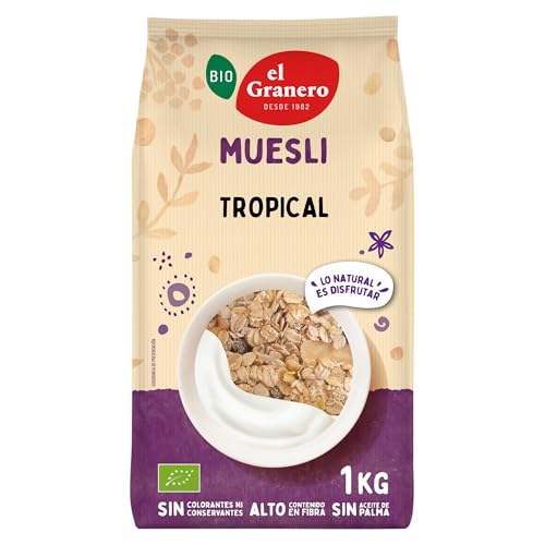 El Granero Integral - Tropi Muesli Extra - 1 kg - Elaborado con Cereales y Frutas Deshidratadas - Gran Fuente de Energía - Ideal para el Desayuno - Apto para Veganos