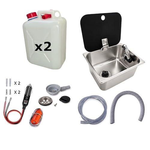XENPER®️Kit Fregadero Camper Mediano con Tapa GARRAFAS A Elegir – Ideal para Kit Camper Furgoneta, Lavabo Caravana y Cocina Camper, Ideal para Muebles Camper (Grifo Lado Derecha, 2 GARRAFAS 10L)