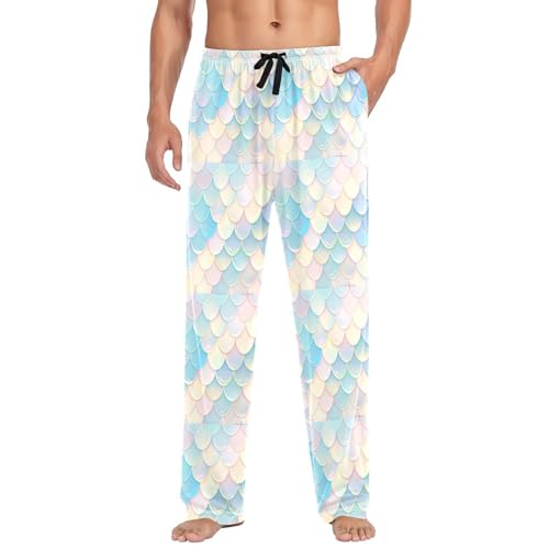 Men's Mermaid Scales Pajama Pants with Pockets - Straight Fit Cotton Sleep Bottoms for Lounge & Nightwear#961