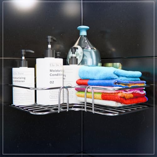 Image of Stainless Steel Corner L Shelf Storage Organizer Bathroom & Kitchen | No Drill Self Adhesive Corner Stand for Kitchen Sink | Wall Mount Bathroom Organiser Shelves Rustproof (Set of 1)
