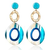 CLASSYZINT Long Acrylic Dangle Earrings For Women Round Blue Swirled Acrylic Resin Drop Gold Plated