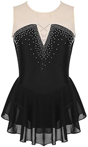 inhzoy Girl's Figure Ice Skating Dress Sleeveless Roller Skating Leotard Mini Dress Splice Glittery Dance Dress Black 8