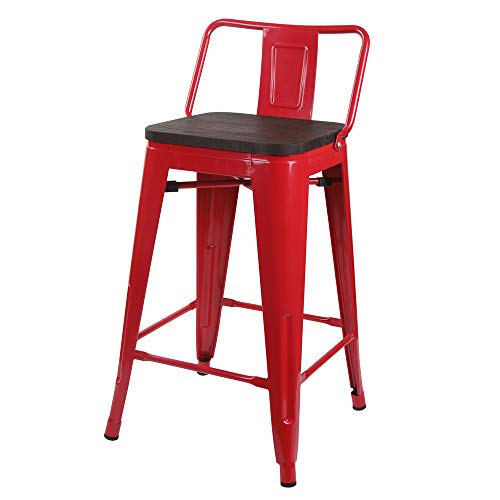 Gia Low Back Metal Barstool With Wooden Seat 24" Counter Height(1 Pack) - Red Color - Light Weight Easy Assemble And Stackable #TOP6