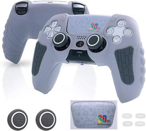 Image of Meyaar for PS5 Controller Cover Case, Anti-Slip Silicone Cover Skin Compatible with PS5 Dual Sense Controller with Thumb Grip Caps, Controller Sticker (Light Grey Anniversary)