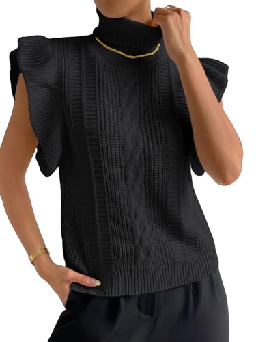 Image of GORGLITTER Women's Short Sleeve Sweater Vest Cable Knit Turtleneck Sleeveless Pullover Tank Tops