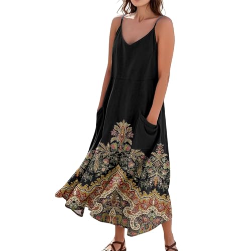 Sommerkleid Damen Boho Lang A Linie Trägerkleid Damen Sommer Maxi Blumen V Ausschnitt Sommerkleider Leicht Und Luftig Strandkleid Lang Baumwolle Leinen Kleider Spaghettiträger mit Taschen
