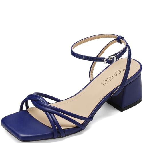 TEAIEUI Chunky Heels for Women Square Open Toe Heeled Sandals Strappy Ankle Strap Shoes for Daily Party Dress Low Heel Navy Blue Size 8