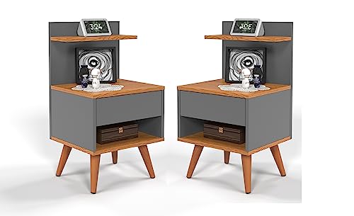 KIT 2 Mesas De Cabeceira Modelo Sleep Com Gaveta Pés Pinus Amadeirado (Cinza-Nature)