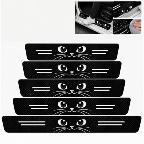 5PCS Black Cat Car Door Sill Protector, Carbon Fiber Leather Door Sill Sticker, Anti-Scratch Scuff Plate Sticker for All Car Models, Cats Car Accessories Decor, Cat Gifts for Men Women
